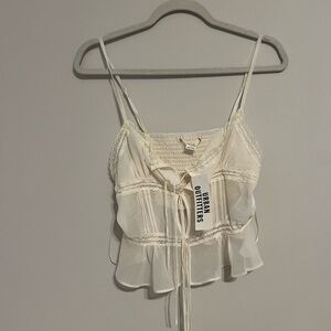 Urban Outfitters Cream Lace-Trim Sheer Tie-Front Cami